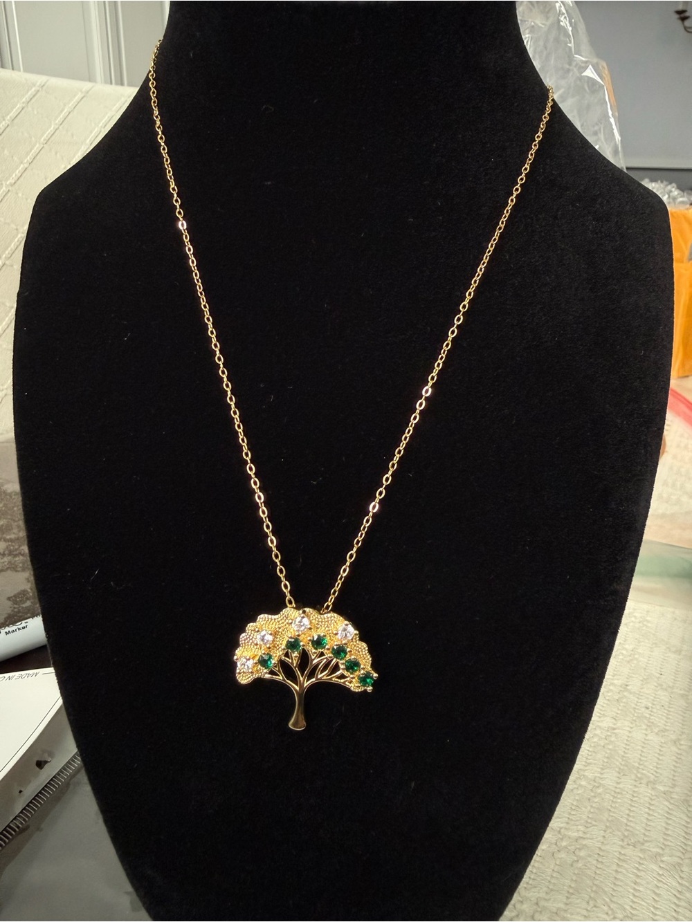 Gold Tree of Life Pendant Necklace with Green Accents 18k gold plated stainless